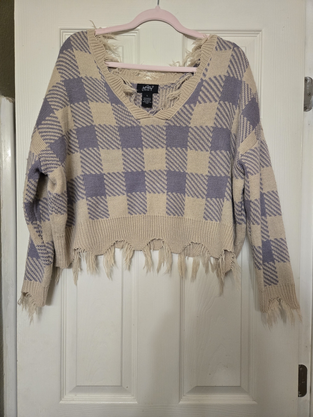 Just Polly 100% Polyester Checkered V-Neck Sweater - Cream & Lavender